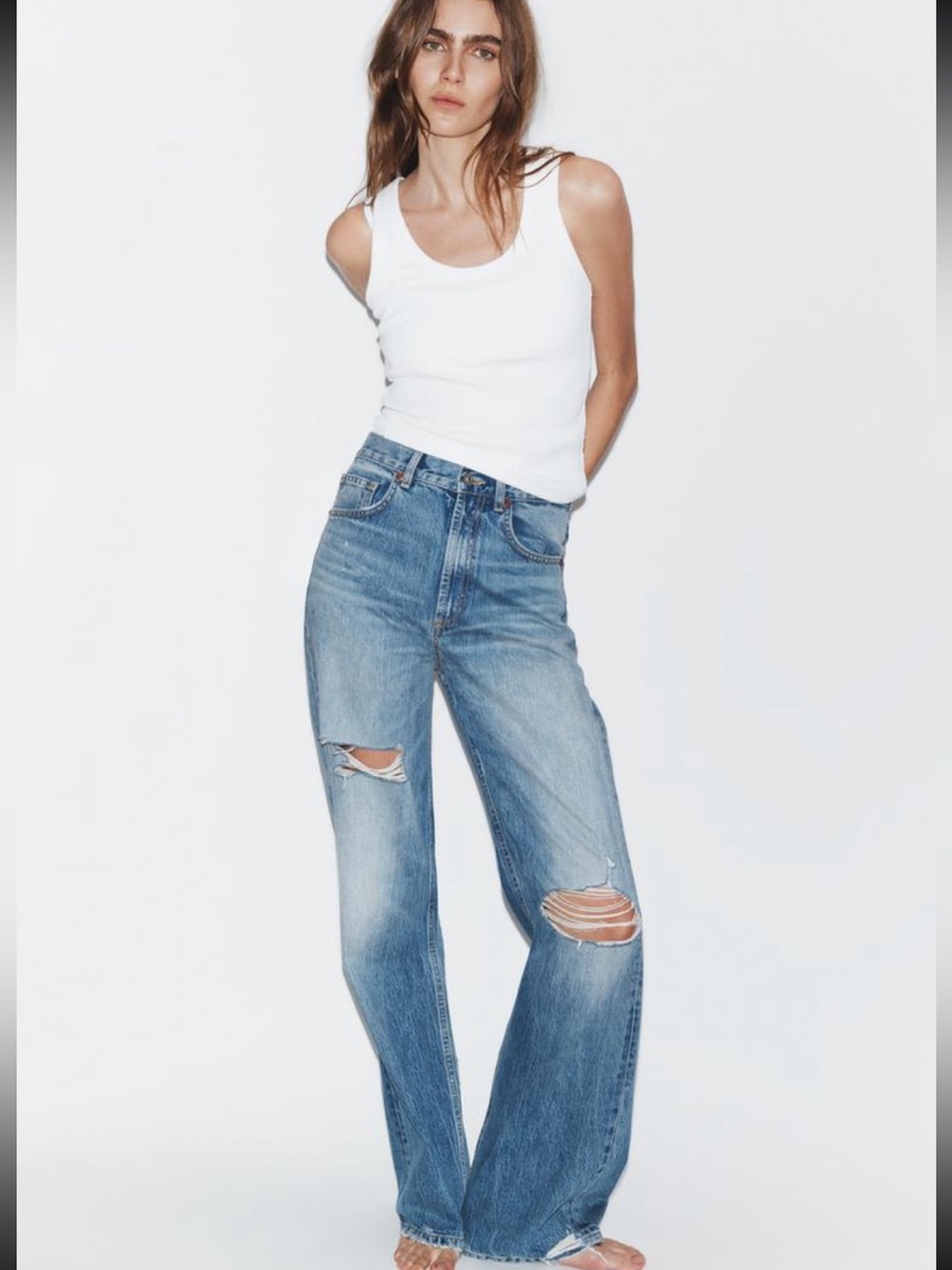Zara High Rise Wide Leg Baggy Distressed Raw Hem Jeans Light Wash 6